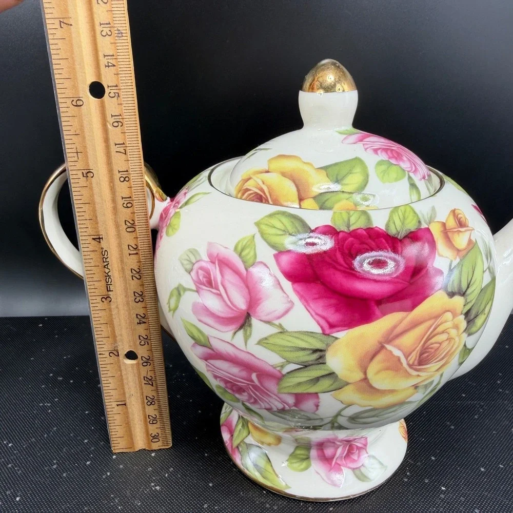 Royal Elfleda Country Rose Teapot Allison LL Fine Porcelain Floral Gold Trim 9in